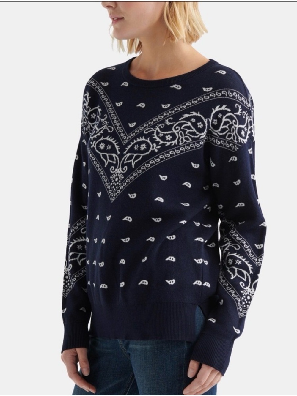 Lucky Brand Bandana Print Cotton Sweater Navy White Pullover Size LARGE